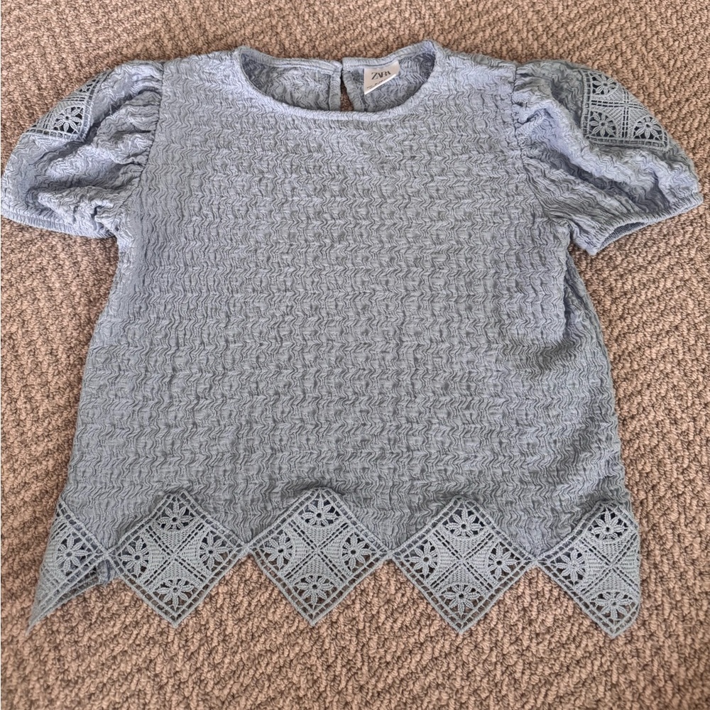 Zara Light Blue Lace Trim Puff Sleeve Top